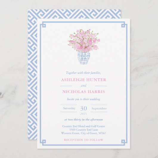 Chinoiserie Chic Pink und Blue Watercolor Wedding Einladung (Vorne/Hinten)
