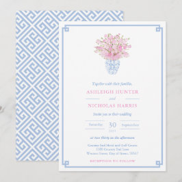 Chinoiserie Chic Pink und Blue Watercolor Wedding Einladung