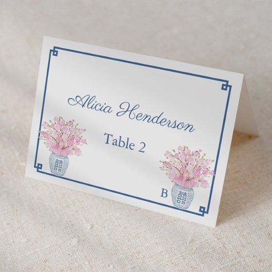Chinoiserie Chic Pink und Navy Hochzeit Platzkarte Tischnummer