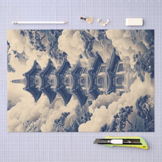 Chinoiserie Chinese Temple Blue Decoupage Seidenpapier (Handwerk)