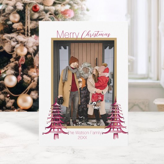 Chinoiserie Christmas Dusty Pink Pagode 1 Foto Feiertagskarte