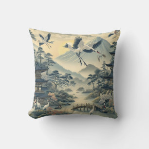 Chinoiserie Crane Bird Pagoda Landschaft Muster Kissen