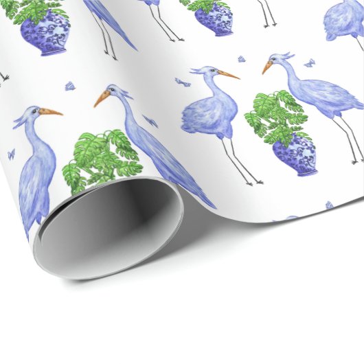 Chinoiserie Crane und Monstera Geschenkpapier (Rolleneckpunkt)