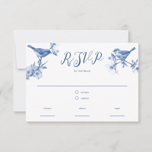 Chinoiserie Delft Blue Birds Spring RSVP Karte (Vorderseite)