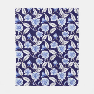 Chinoiserie Delft Blue Floral Porzellan Muster Fleecedecke