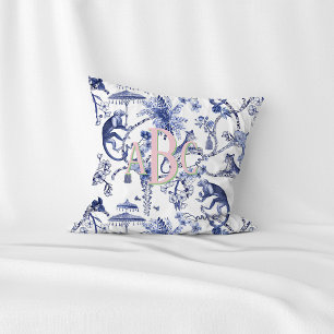 Chinoiserie-Dschungel-Toile Blau-Weiß-Monogramm Kissen