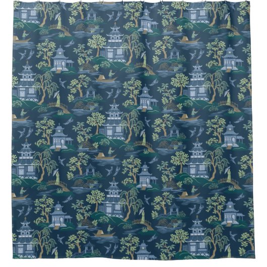 Chinoiserie Dunkelblauer Duschvorhang (Vorderseite)