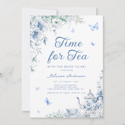 Chinoiserie Dusty Blue Botanical Bridal Tea Shower Einladung (Vorderseite)