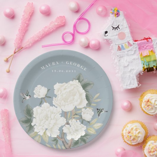 Chinoiserie Dusty Blue Floral Bird Wedding Pappteller (Party)