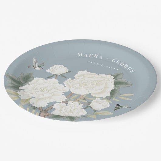 Chinoiserie Dusty Blue Floral Bird Wedding Pappteller (Schrägansicht)