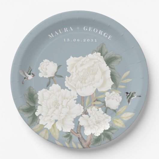 Chinoiserie Dusty Blue Floral Bird Wedding Pappteller (Vorderseite)