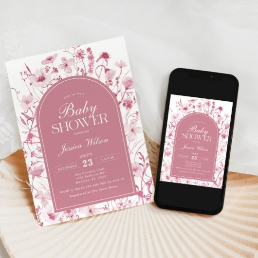 Chinoiserie Dusty Pink Floral Baby Girl Dusche Einladung