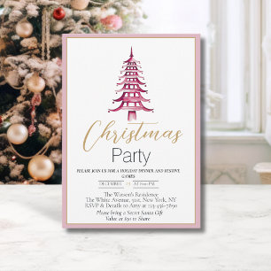 Chinoiserie Dusty Pink und Red Pagoda Weihnachten Einladung