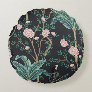 Chinoiserie Exotische Vögel: Vintage-Bananenbaum-W Rundes Kissen