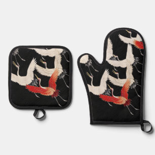 Chinoiserie Fliegender Kranich Zen Minimalistische Ofenhandschuh & Topflappen-Set