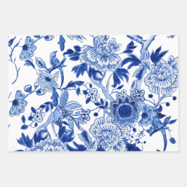 Chinoiserie Floral Bird Blue und White Decoupage Geschenkpapier Set