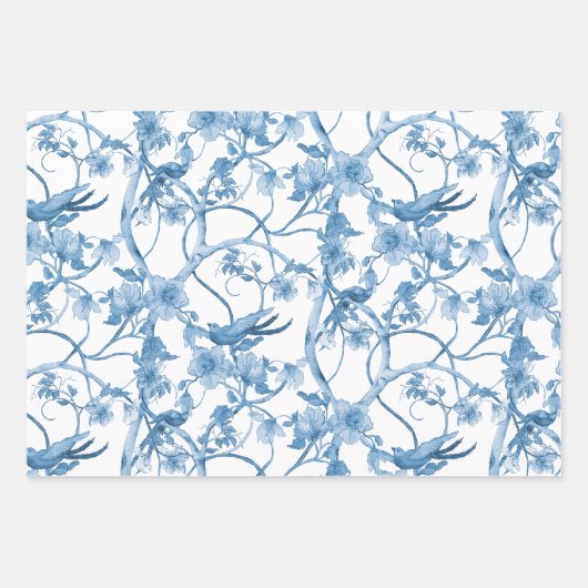 Chinoiserie Floral Bird Dusty Blue White Decoupage Geschenkpapier Set (Vorderseite)