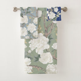 Chinoiserie Floral Bird Sage Green Dusty Blue Navy Badhandtuch Set