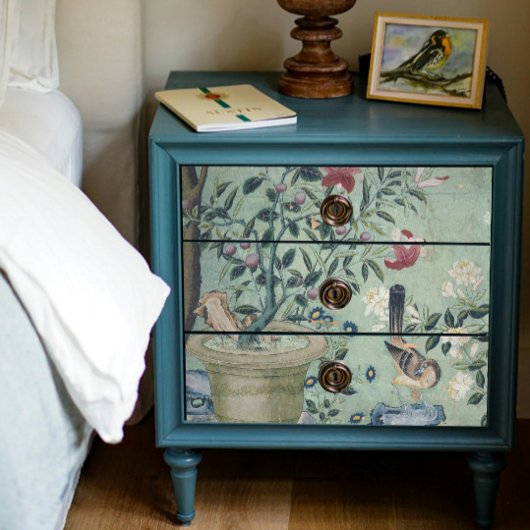 Chinoiserie Floral Birds Pot Mint in Blue Decoupag Seidenpapier