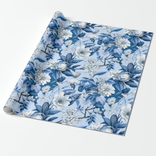 Chinoiserie Floral Blau Weiße Malerei Geschenkpapier (Ungerollt)