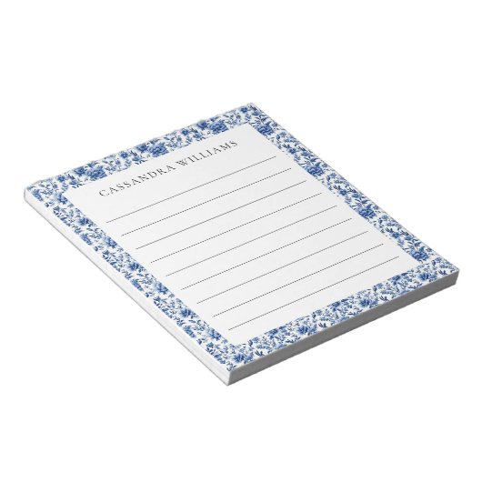 Chinoiserie Floral Blauer Personalisierter Name Li Notizblock (angewinkelt)