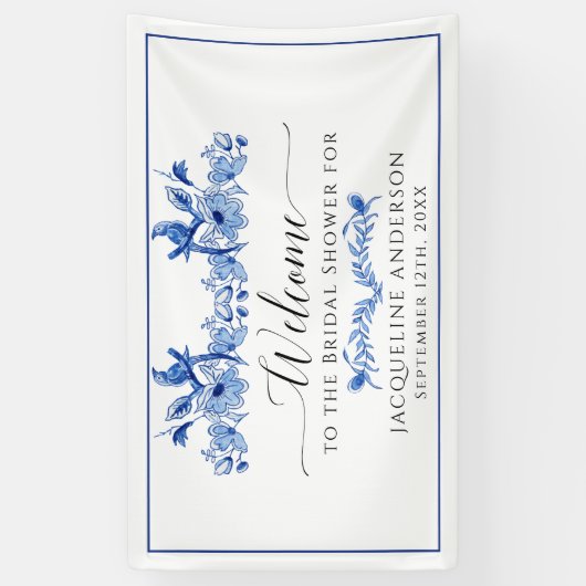 Chinoiserie Floral Blue White Bird Brautparty Banner (Vertikal)