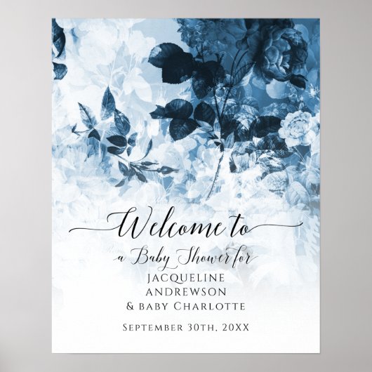 Chinoiserie Floral Blue White Welcome Baby Dusche Poster (Vorne)