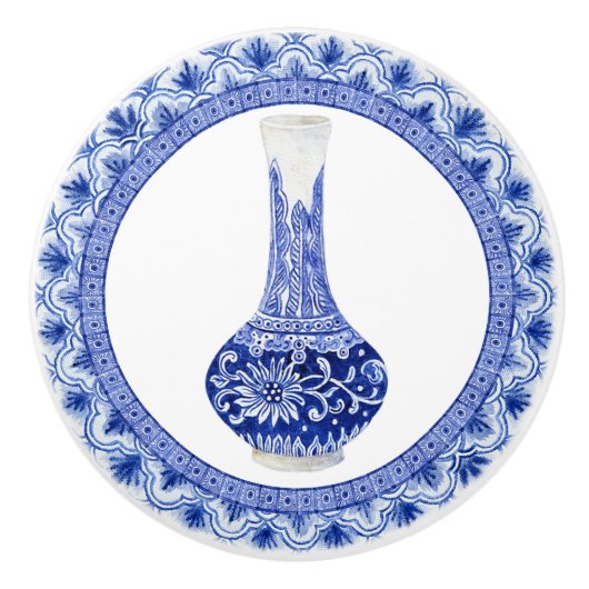 Chinoiserie Floral Dragonfly Blue White Ginger Jar Keramikknauf (Vorderseite)