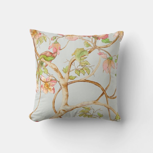 Chinoiserie Floral Dusty Blue Pink Peony Bird Tree Kissen (Vorderseite)