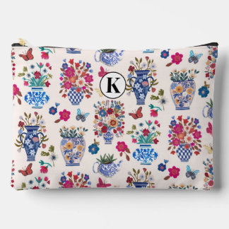 Chinoiserie Floral Monogram Cosmetic Makeup Bag Zubehörtasche