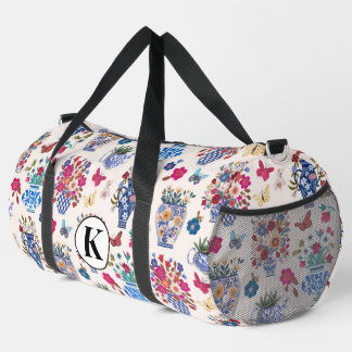 Chinoiserie Floral Monogram Weekender Travel Bag Duffle Bag