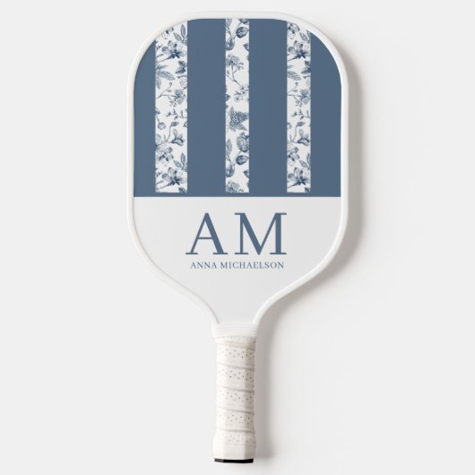 Chinoiserie Floral Pattern Azulejo Blue Monogram Pickleball Schläger (Rückseite)