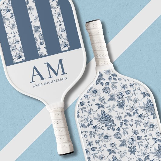 Chinoiserie Floral Pattern Azulejo Blue Monogram Pickleball Schläger