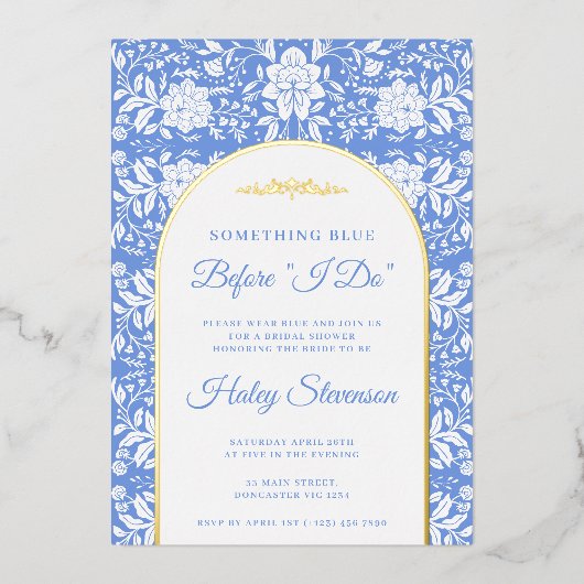 Chinoiserie Floral Something Blue Brautparty Folieneinladung (Vorderseite)