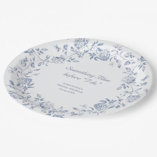 Chinoiserie Floral Something Blue Brautparty Pappteller (Schrägansicht)