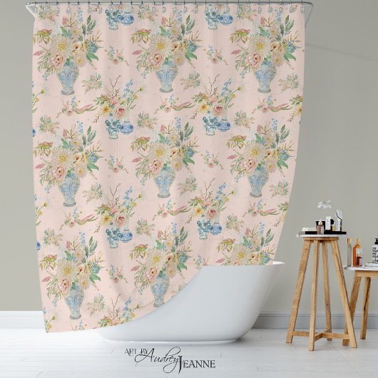Chinoiserie Floral Vase Blush Pink Peony Bath Duschvorhang