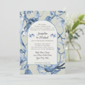 Chinoiserie Floral White Blue n Sage Birds Wedding Einladung (Stehend Vorderseite)