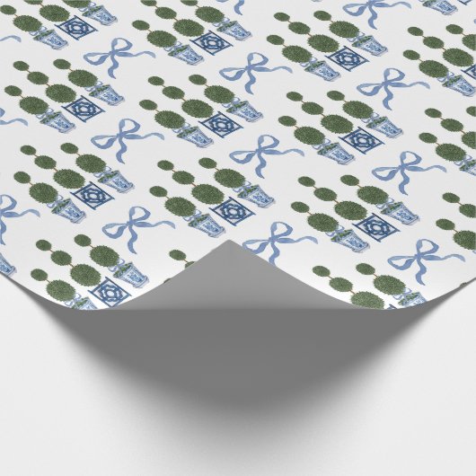 Chinoiserie-Formtopiary Baum Blaue Schleife Geschenkpapier (Ecke)