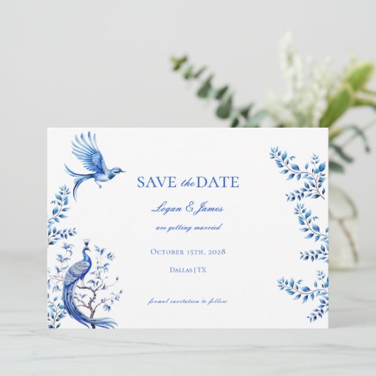 Chinoiserie Foto Wedding Save the Date Einladung (Stehend Vorderseite)