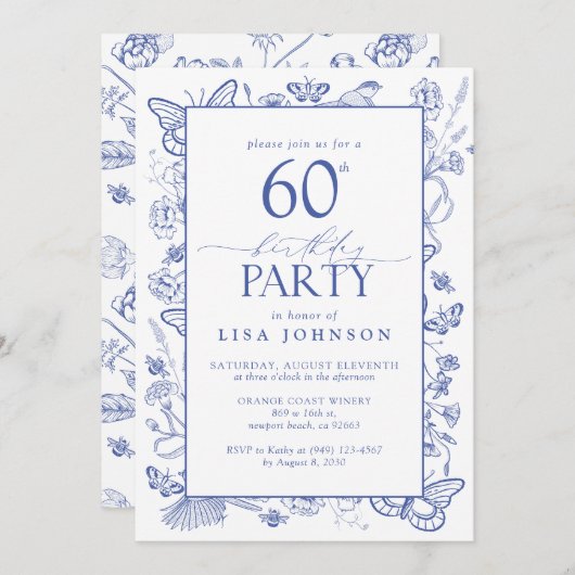 Chinoiserie Französisch Blue Script 60. Geburtstag Einladung (Vorne/Hinten)