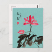 Chinoiserie Freehand Wasserfarben Lotus Green Postkarte (Vorne/Hinten)