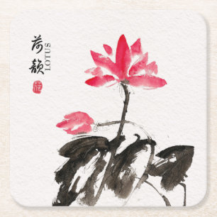 Chinoiserie Freehand Watercolor Lotus Blume Rechteckiger Pappuntersetzer
