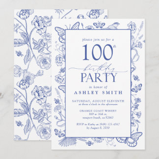 Chinoiserie French Blue 100. Geburtstagsparty Einladung