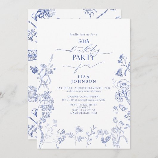 Chinoiserie French Blue Floral 50. Geburtstag Einladung (Vorne/Hinten)