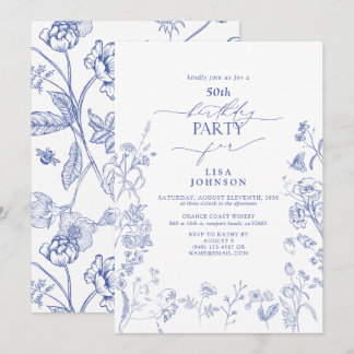 Chinoiserie French Blue Floral 50. Geburtstag Einladung