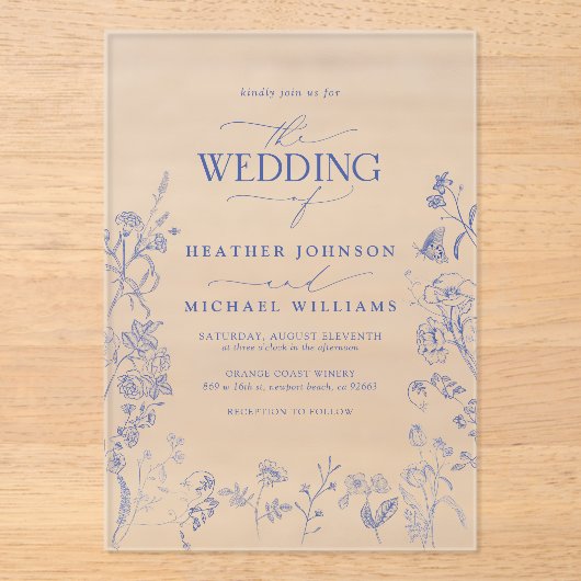 Chinoiserie French Blue Viktorianisch Floral Weddi Acryleinladungen (Vorderseite)