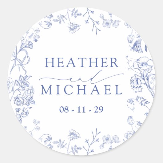 Chinoiserie French Blue Viktorianisch Floral Weddi Runder Aufkleber (Vorderseite)