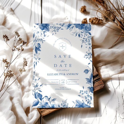 Chinoiserie French Blue Viktorianisch Floral Weddi Save The Date