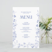 Chinoiserie French Blue Viktorianisch Wedding Menu (Stehend Vorderseite)