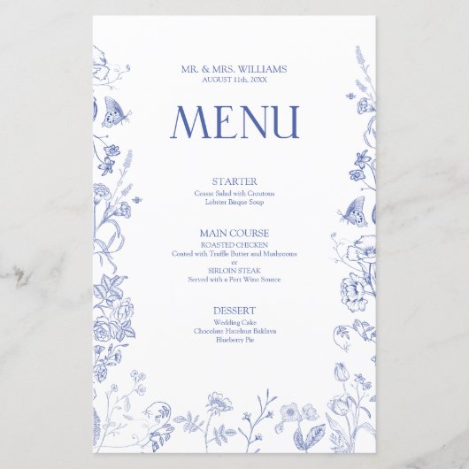 Chinoiserie French Blue Viktorianisch Wedding Menu (Vorderseite)
